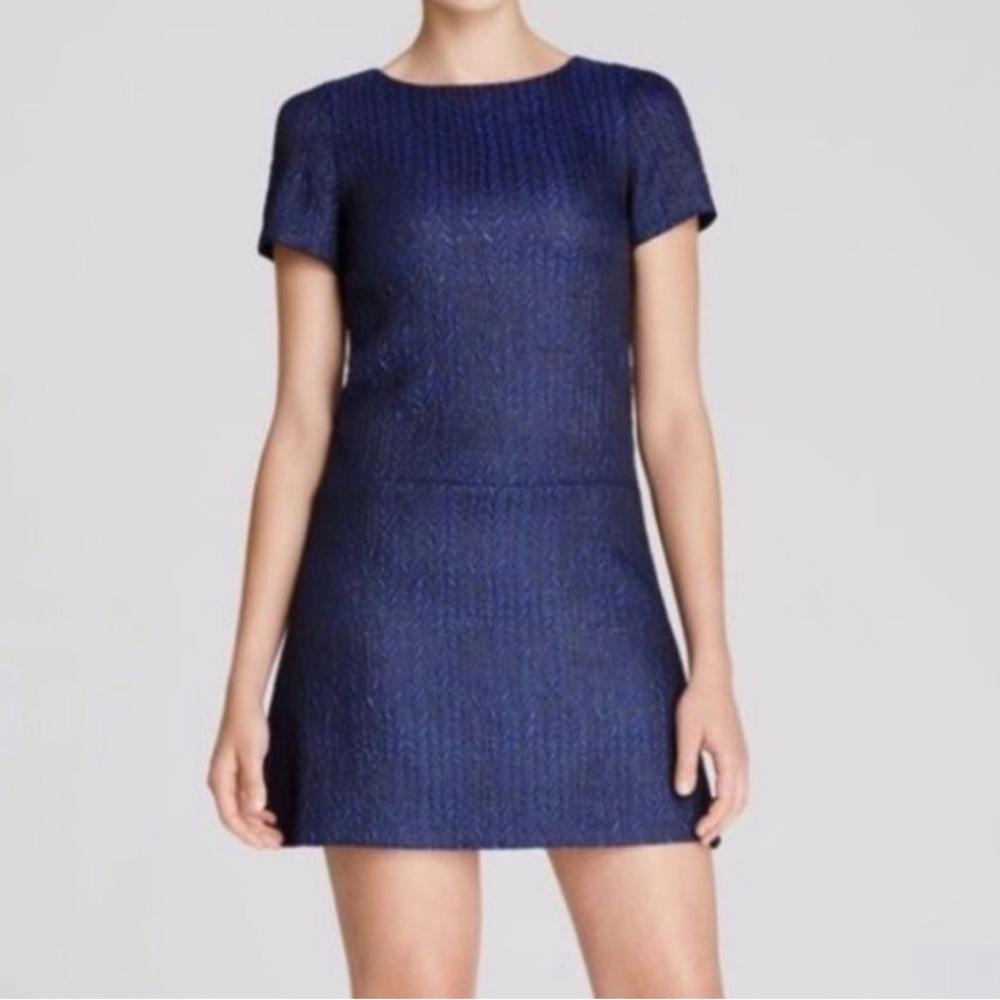 Alice + Olivia Blue and Black Herringbone Drop Waist Dress